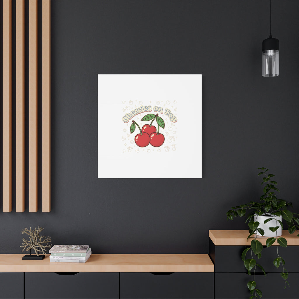 Cherries on Top Canvas | Retro Kawaii Fruit Print, Cherry Wall Art