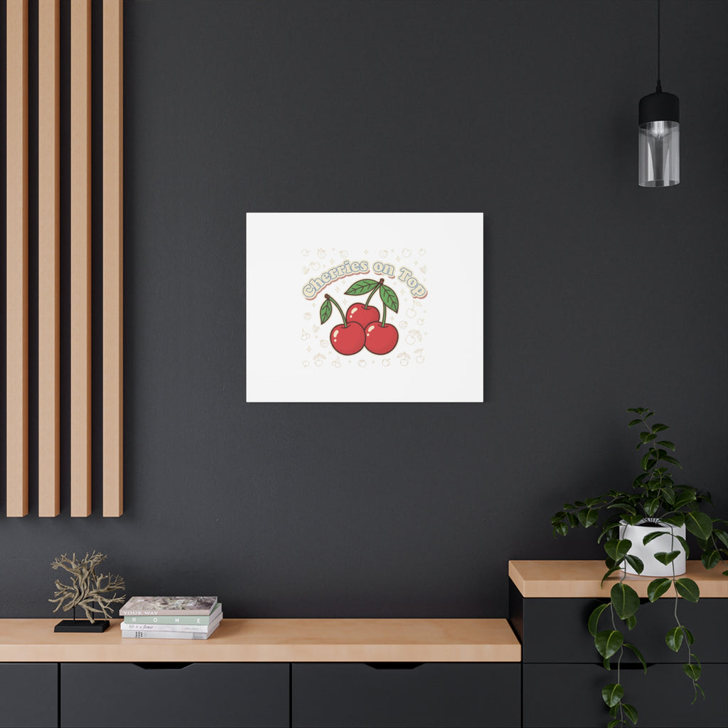 Cherries on Top Canvas | Retro Kawaii Fruit Print, Cherry Wall Art