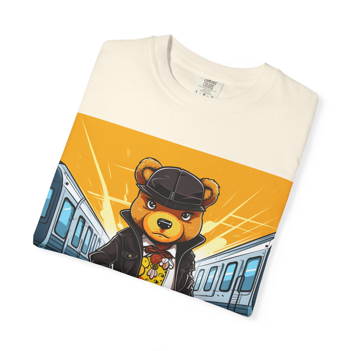 Streetwear Teddy Bear Graphic T-Shirt — Urban Train Station Design