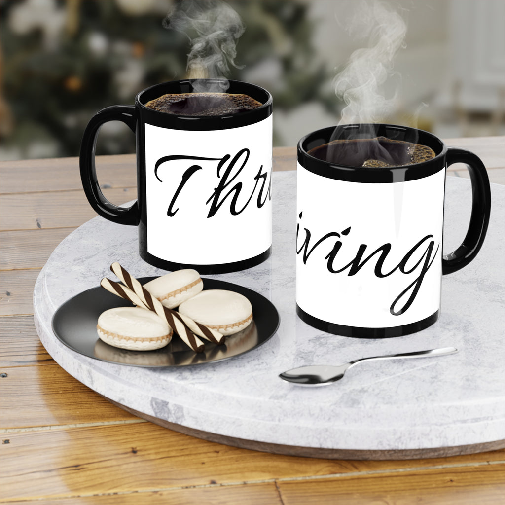 Thrive Script Black Accent Coffee Mug — 11oz Motivational Tea Cup