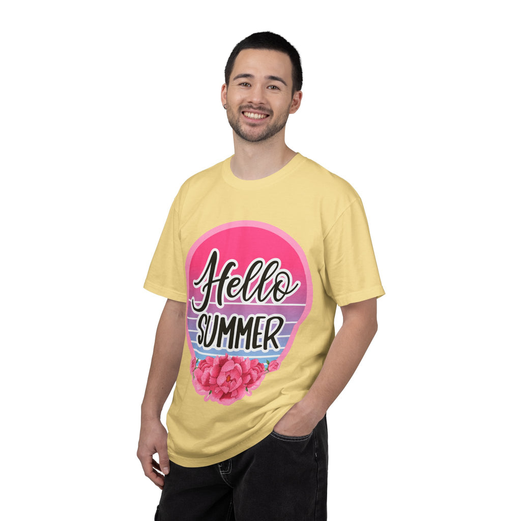 Hello Summer T-Shirt — Pink Retro Sunset Floral Tee