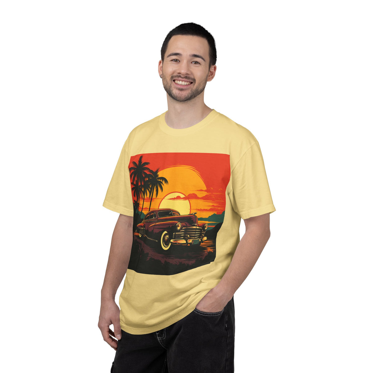 Vintage Sunset Car T‑Shirt — Retro Palm Beach Cruiser Tee