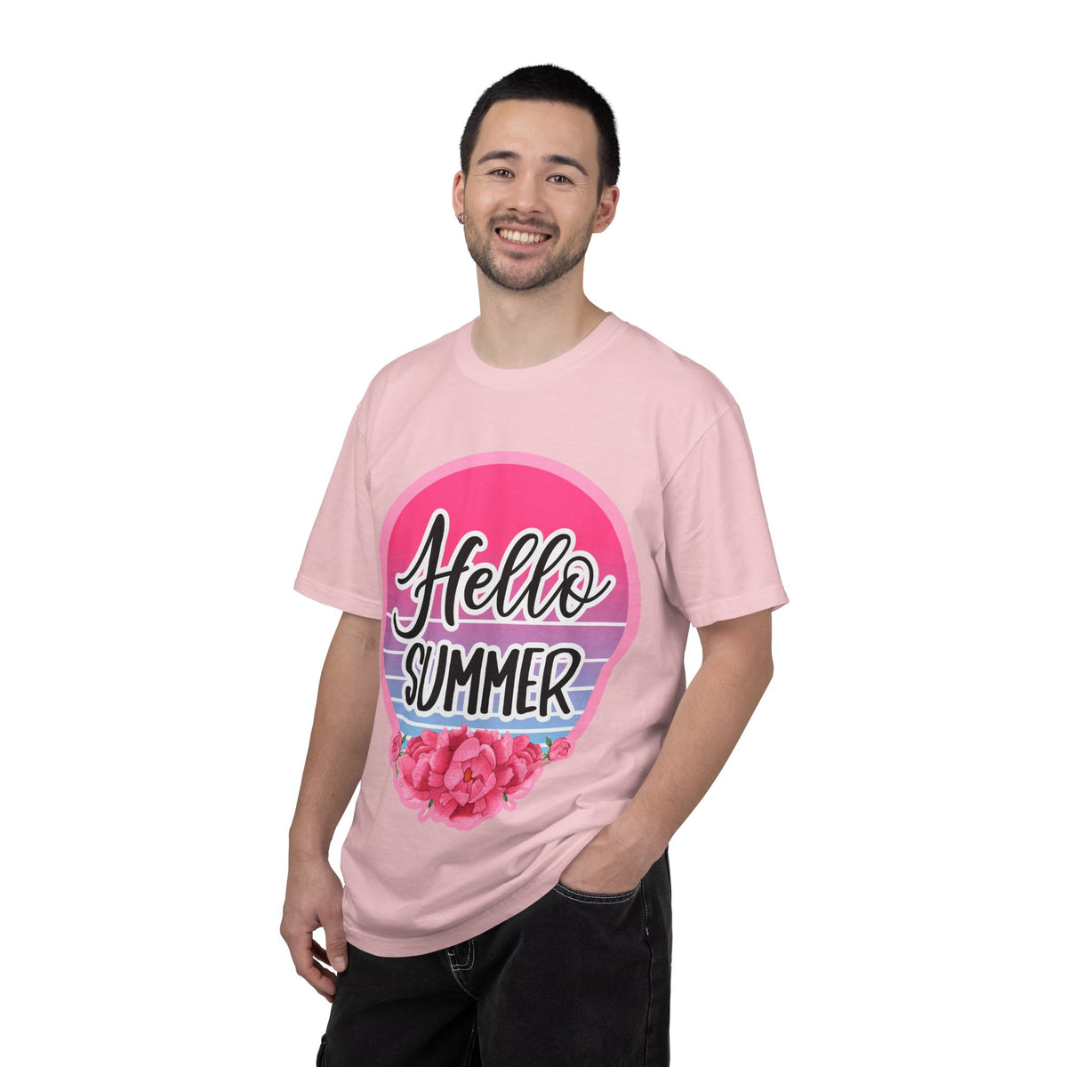 Hello Summer T-Shirt — Pink Retro Sunset Floral Tee