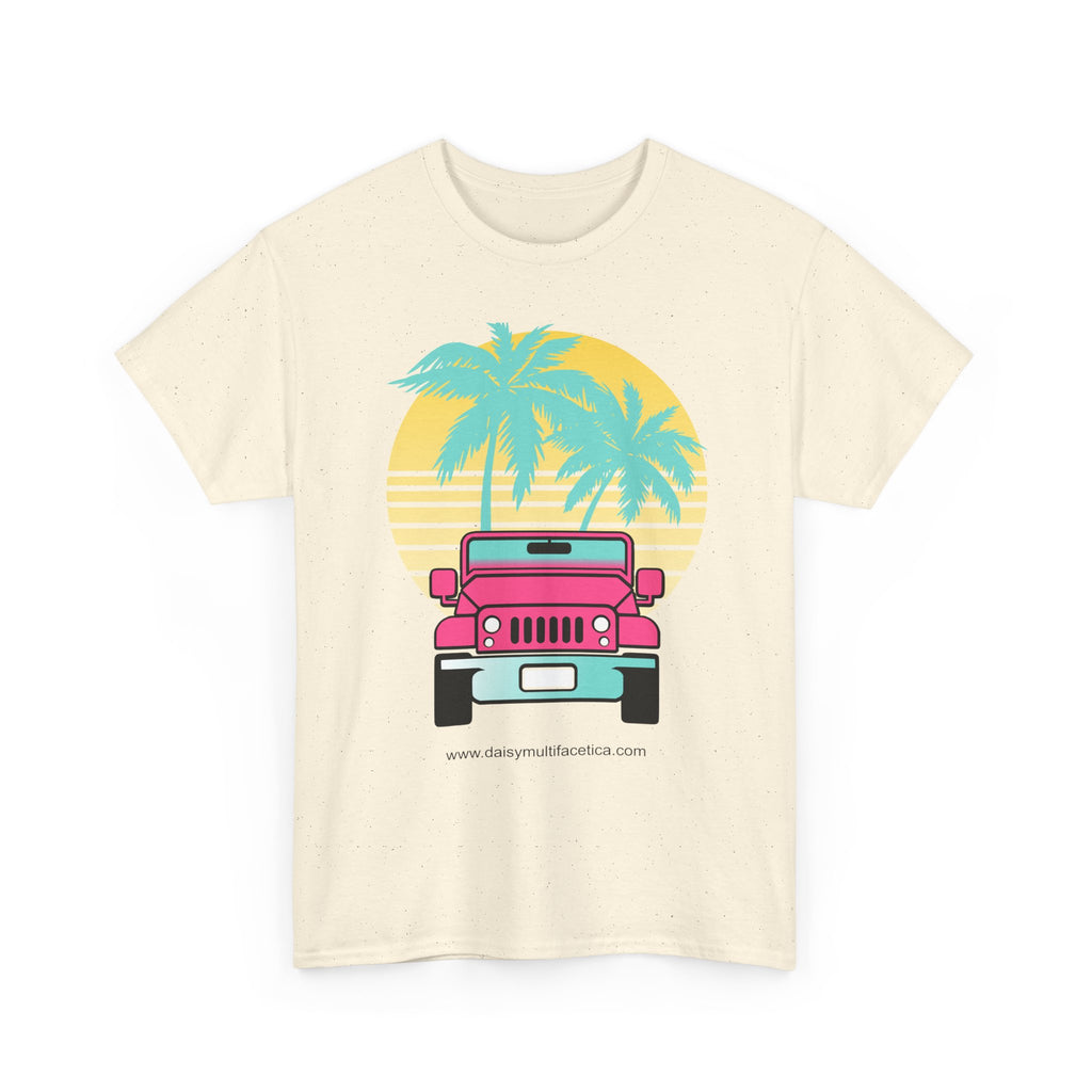 Retro Pink Jeep Tee — Tropical Palm Sunset Vintage Beach T-Shirt