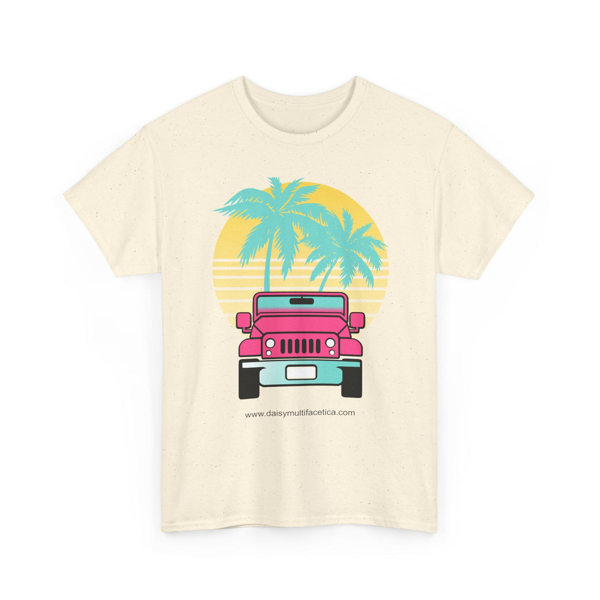 Retro Pink Jeep Tee — Tropical Palm Sunset Vintage Beach T-Shirt