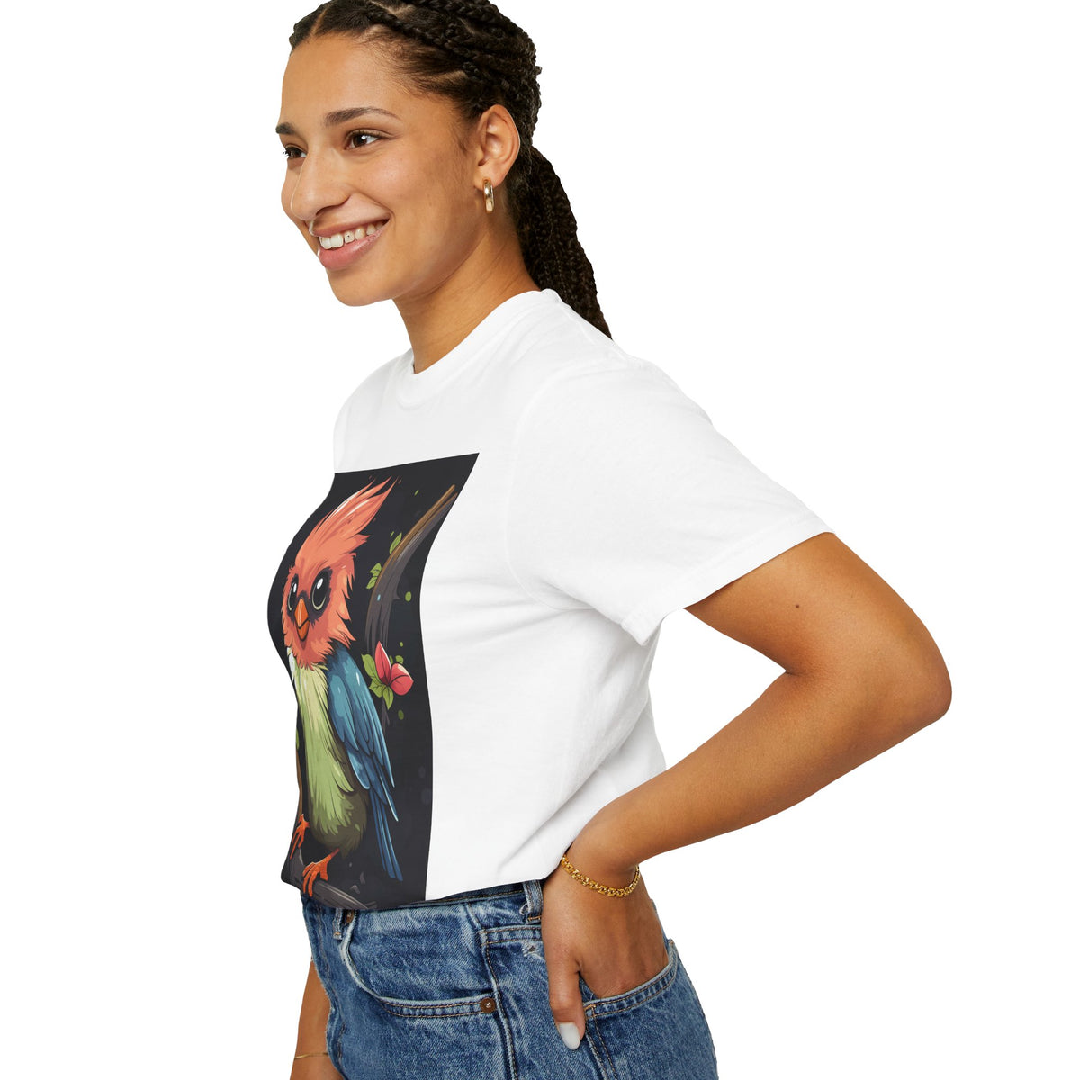 Cute Colorful Bird T-Shirt — Whimsical Cartoon Songbird Graphic Tee