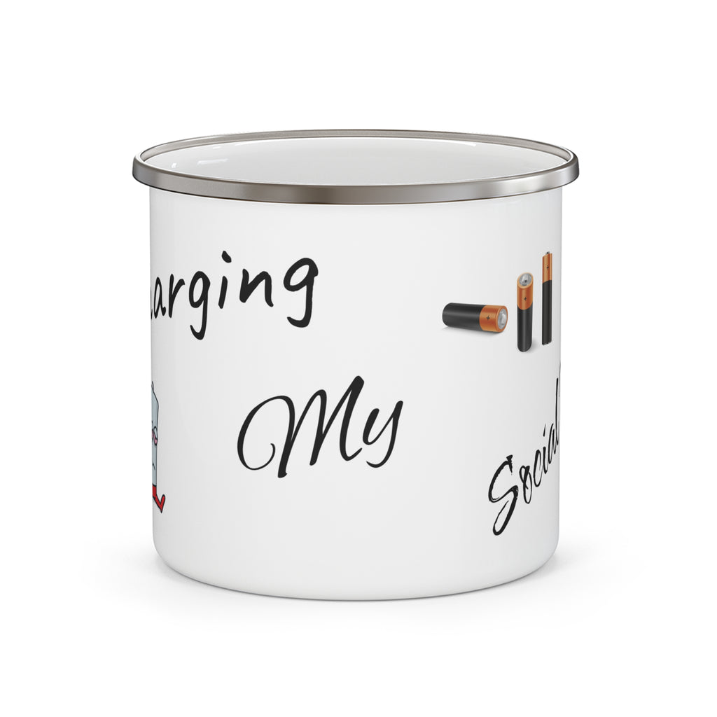 Enamel Camping Mug — "Recharging My Social Battery" Camping Coffee Cup