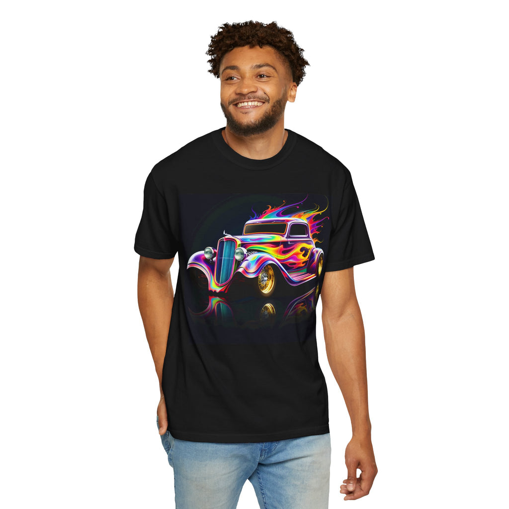 Classic Hot Rod T-Shirt — Neon Flame Vintage Car Graphic Tee