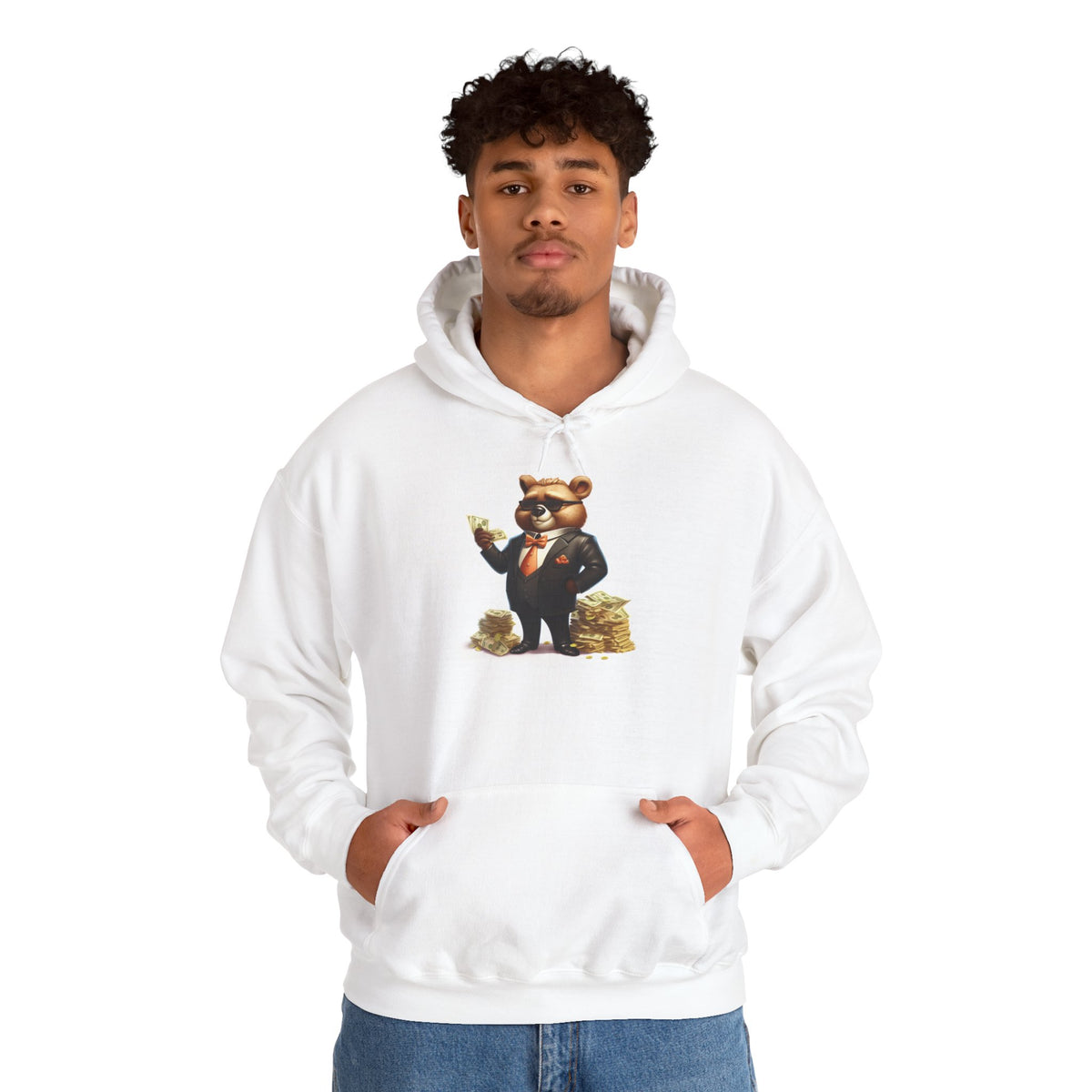 Bear Boss Hoodie – Teddy in Suit with Money Stack Cozy Pullover