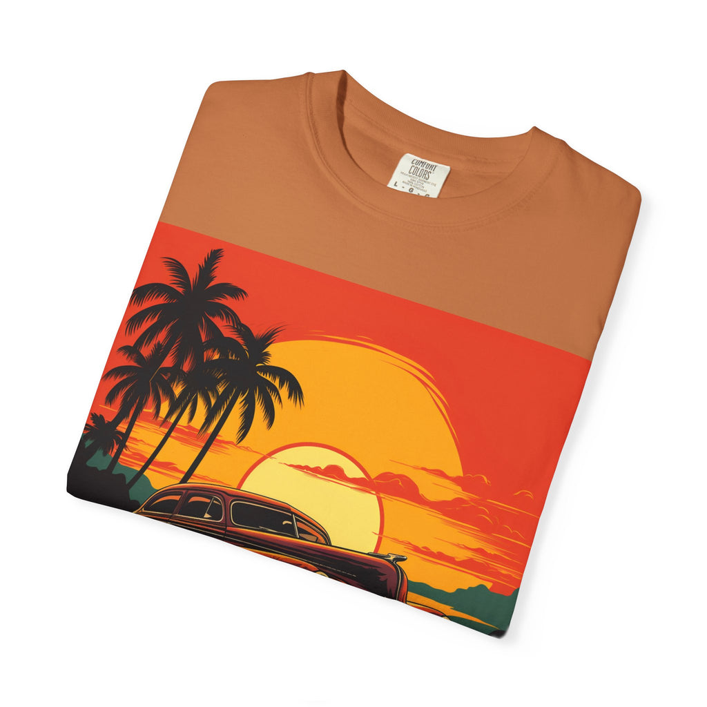 Vintage Sunset Car T‑Shirt — Retro Palm Beach Cruiser Tee