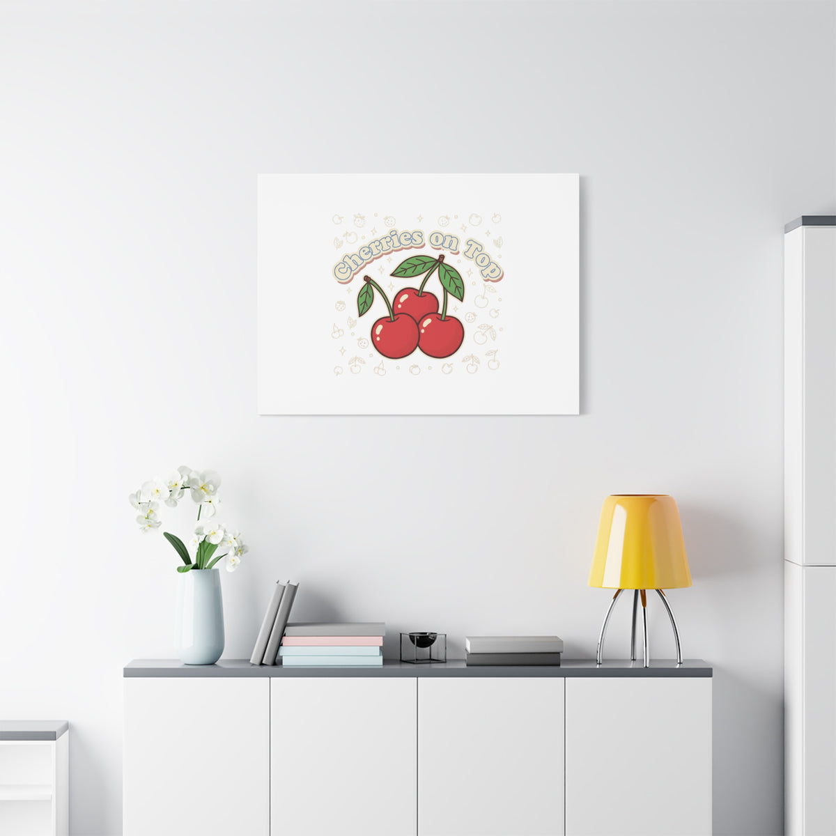 Cherries on Top Canvas | Retro Kawaii Fruit Print, Cherry Wall Art