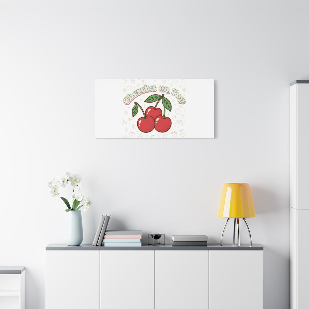 Cherries on Top Canvas | Retro Kawaii Fruit Print, Cherry Wall Art