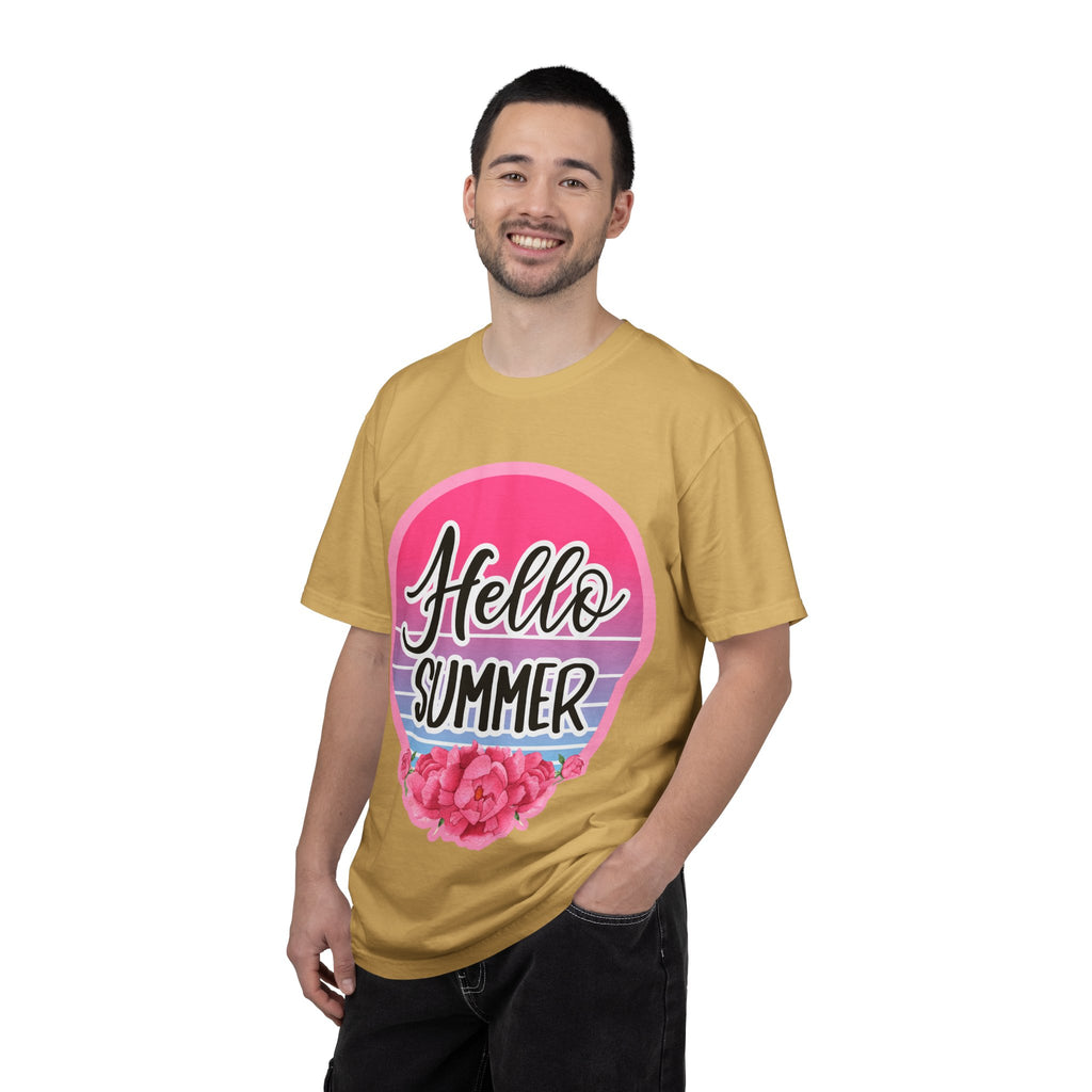 Hello Summer T-Shirt — Pink Retro Sunset Floral Tee