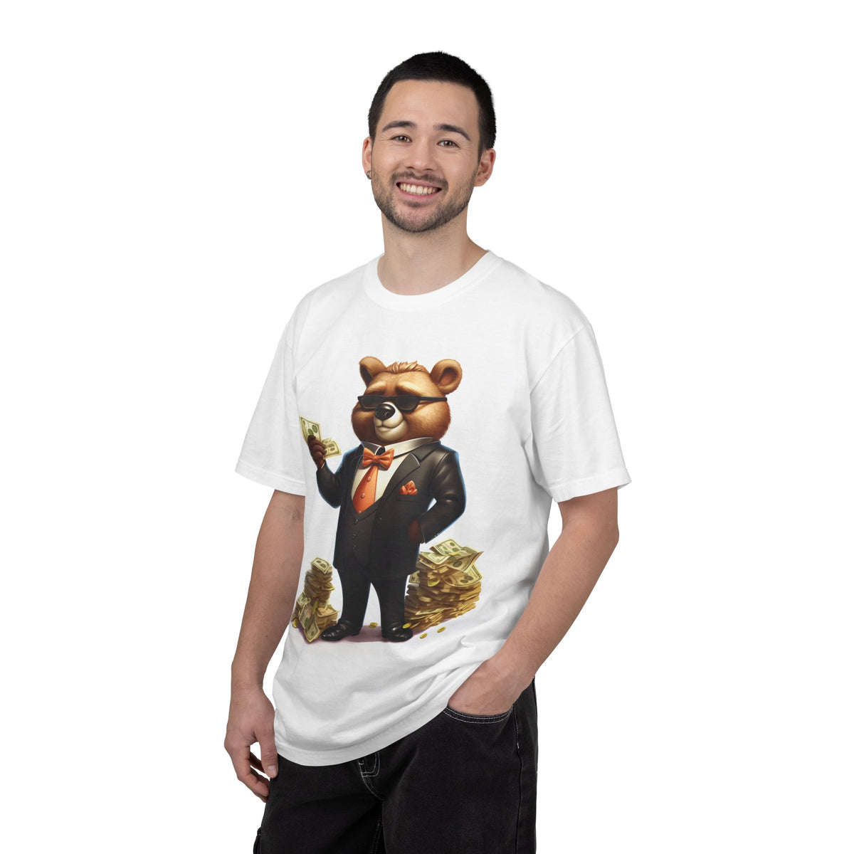 Rich Bear Money Tee — Cartoon Bear in Suit Holding Cash T-Shirt