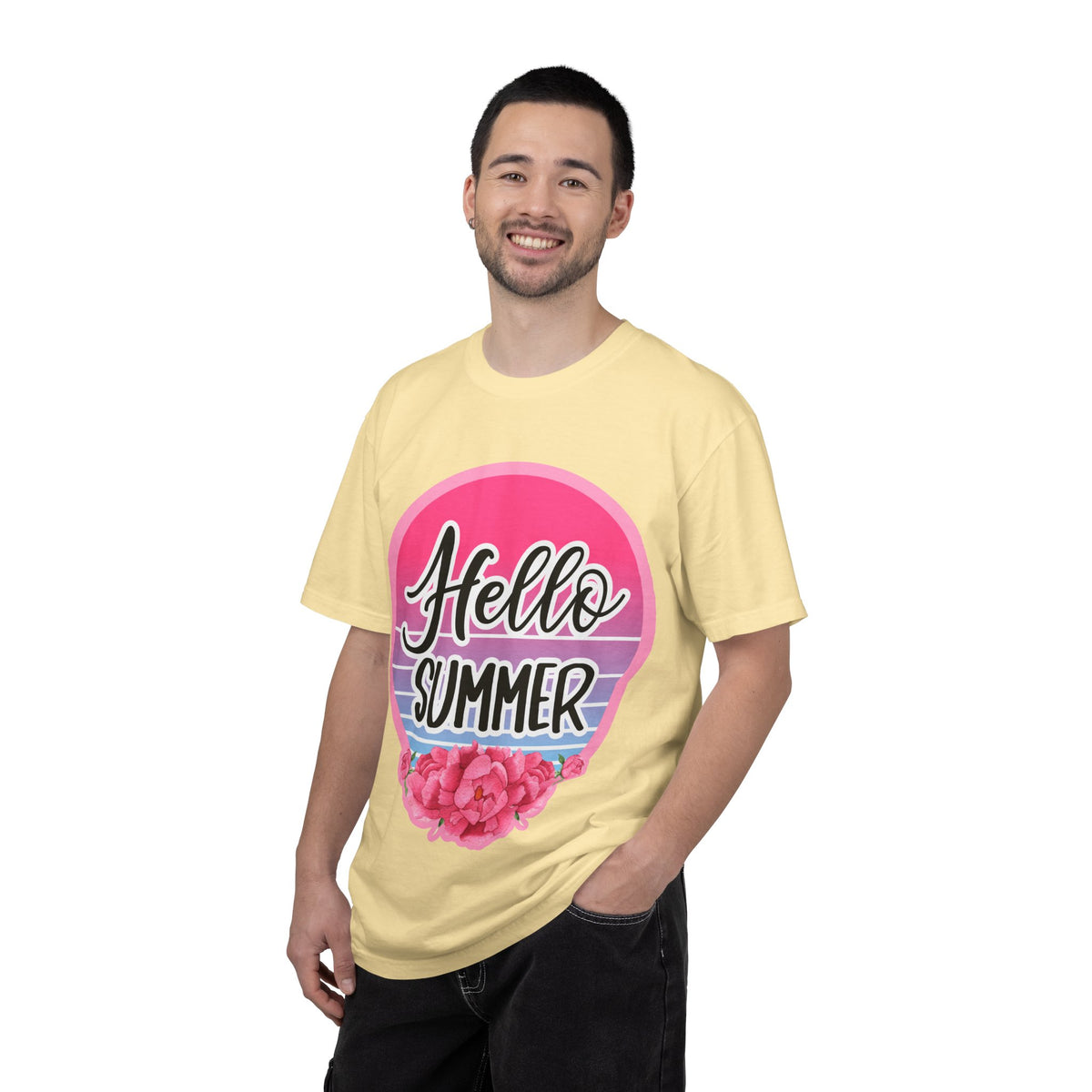 Hello Summer T-Shirt — Pink Retro Sunset Floral Tee