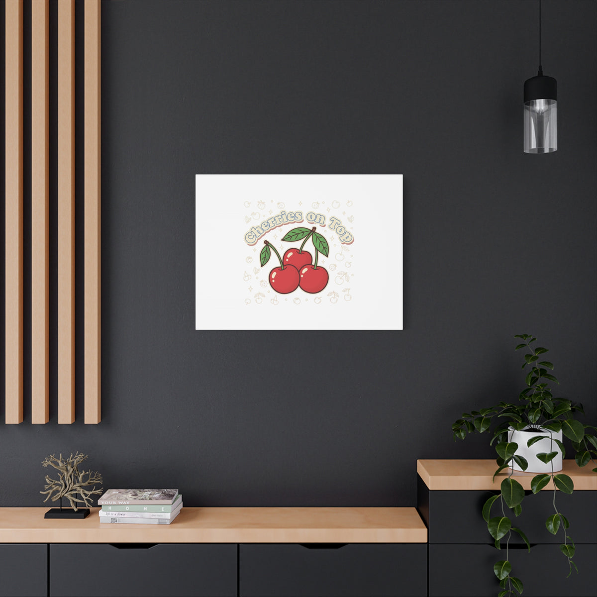 Cherries on Top Canvas | Retro Kawaii Fruit Print, Cherry Wall Art