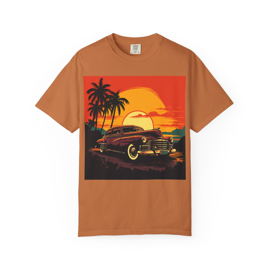 Vintage Sunset Car T‑Shirt — Retro Palm Beach Cruiser Tee