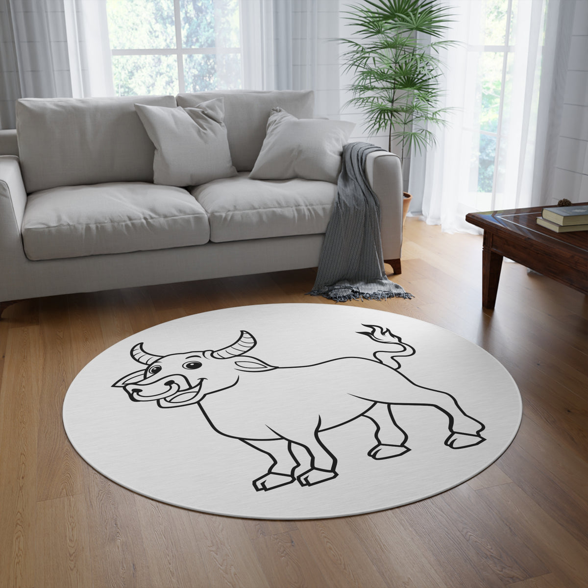 Round Rug — Cute Cartoon Bull Area Rug (Zodiac/Taurus Decor)