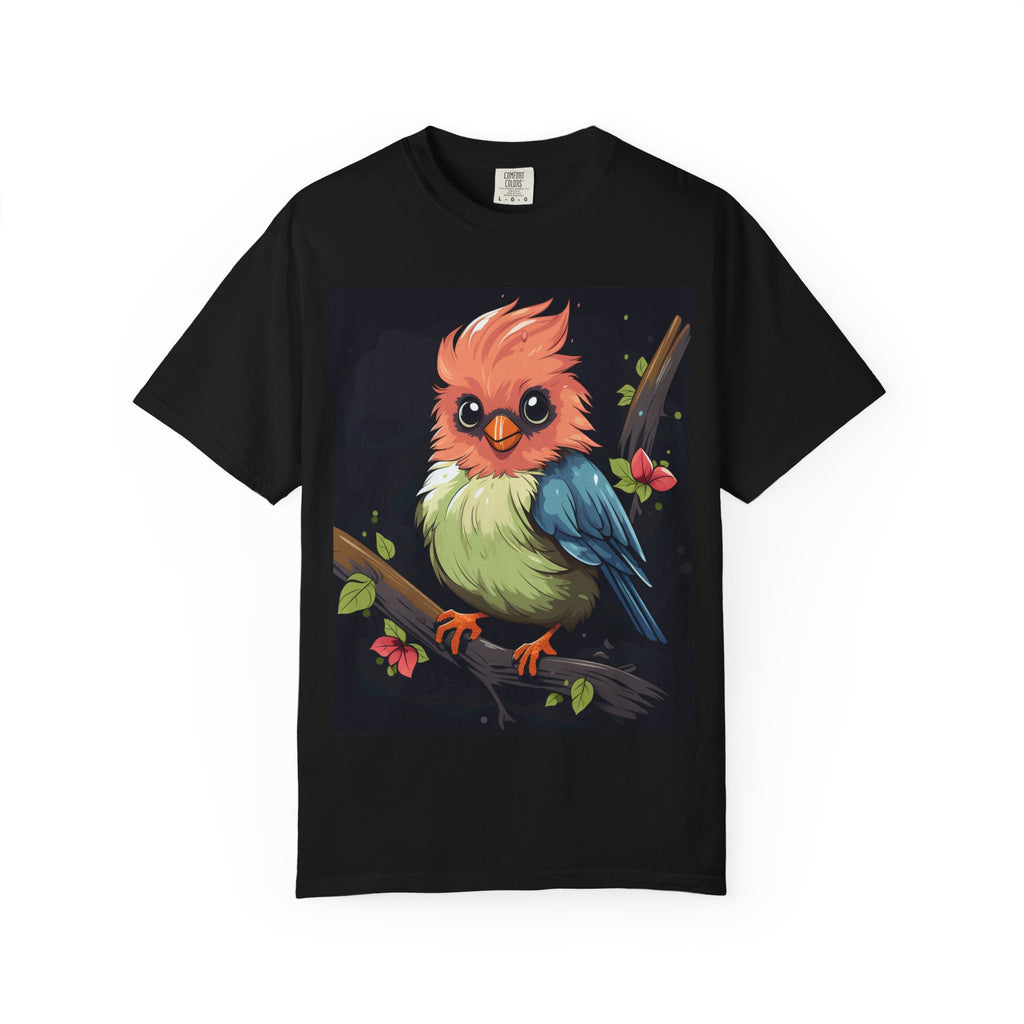 Cute Colorful Bird T-Shirt — Whimsical Cartoon Songbird Graphic Tee