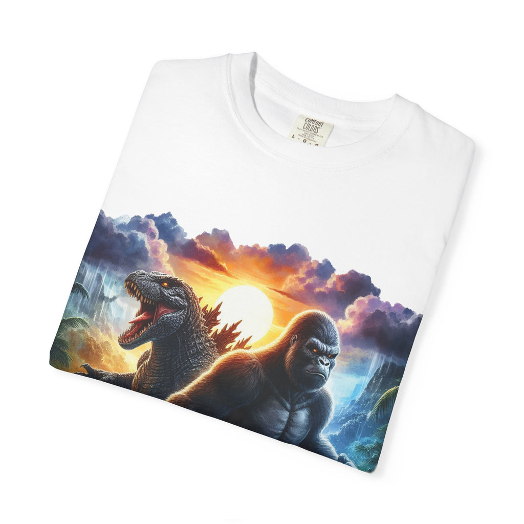 Sunset Kaiju Battle T-Shirt | King Kong and T-Rex Dinosaur Illustration