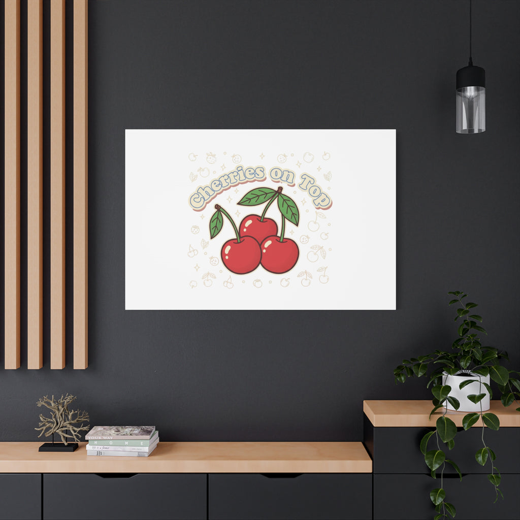 Cherries on Top Canvas | Retro Kawaii Fruit Print, Cherry Wall Art