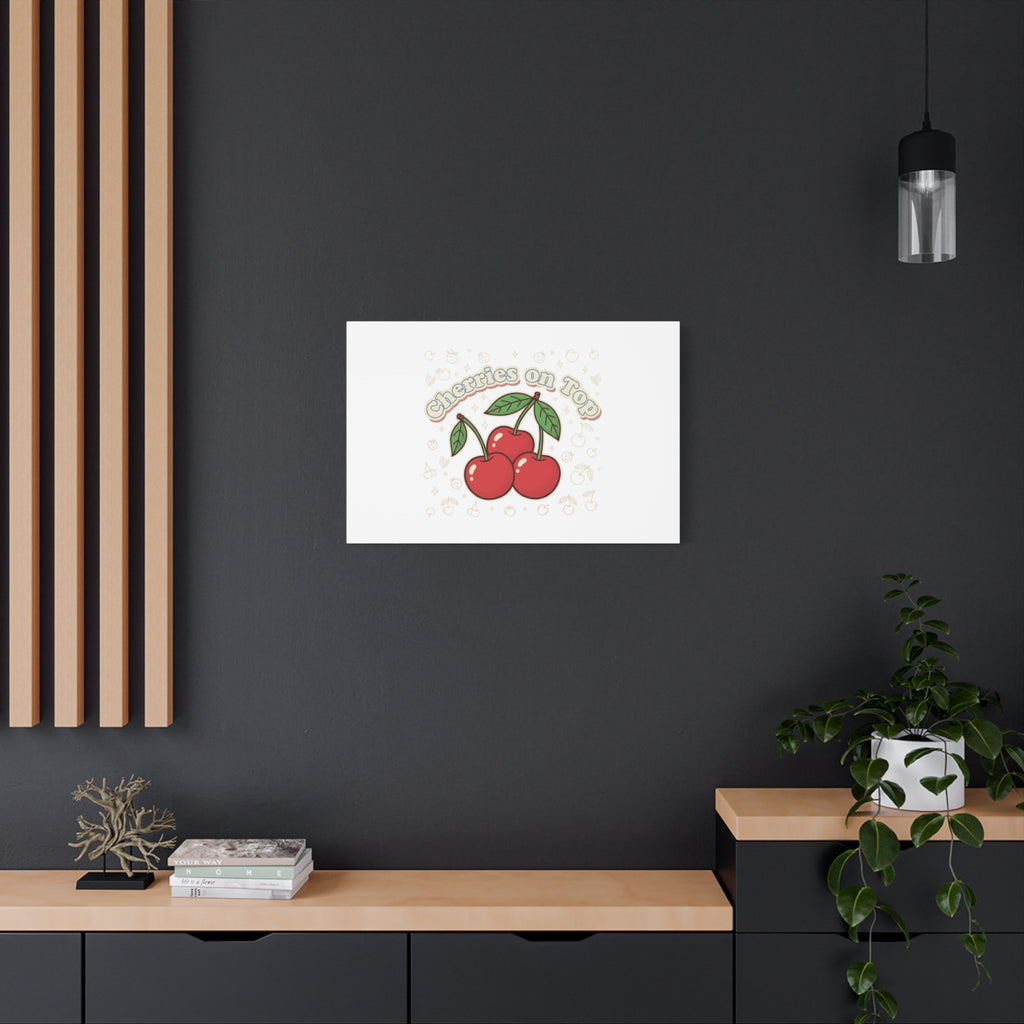 Cherries on Top Canvas | Retro Kawaii Fruit Print, Cherry Wall Art