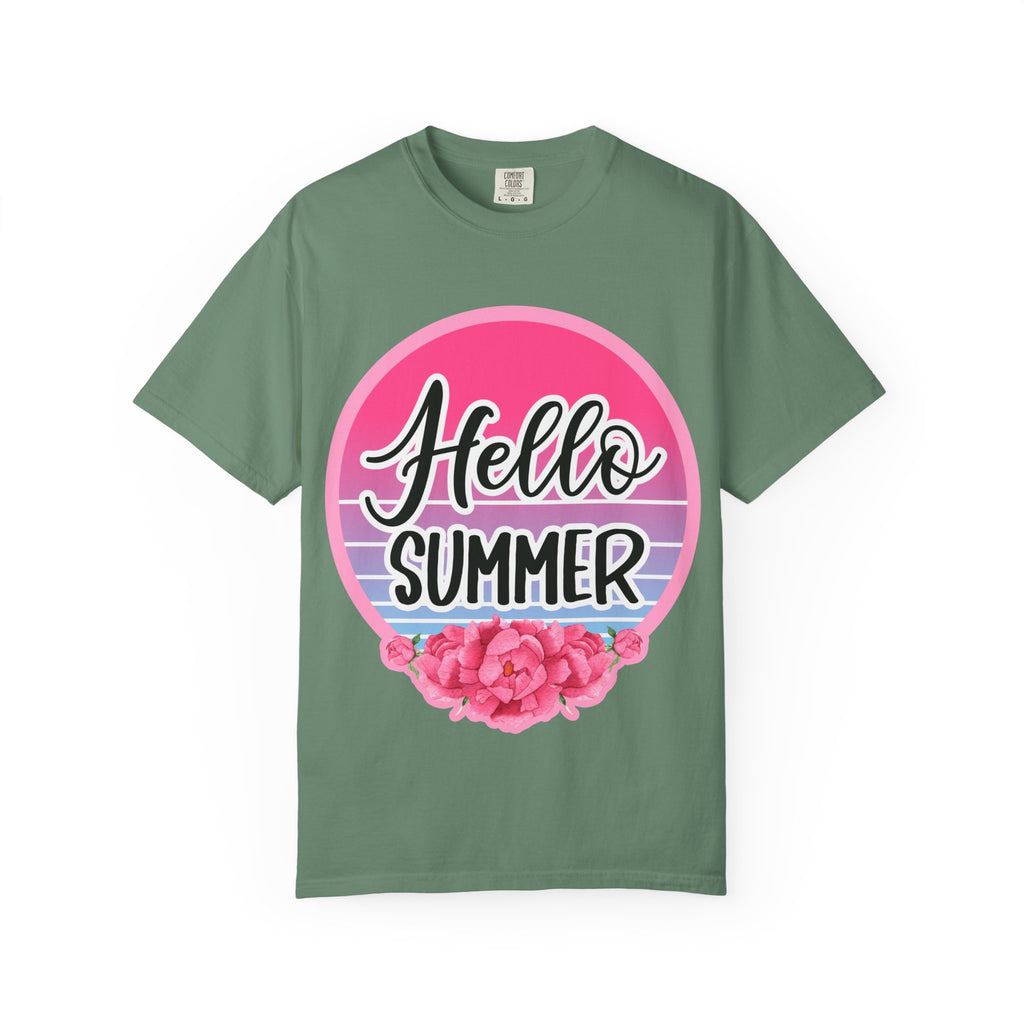 Hello Summer T-Shirt — Pink Retro Sunset Floral Tee