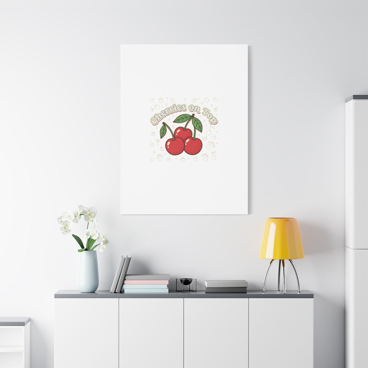 Cherries on Top Canvas | Retro Kawaii Fruit Print, Cherry Wall Art