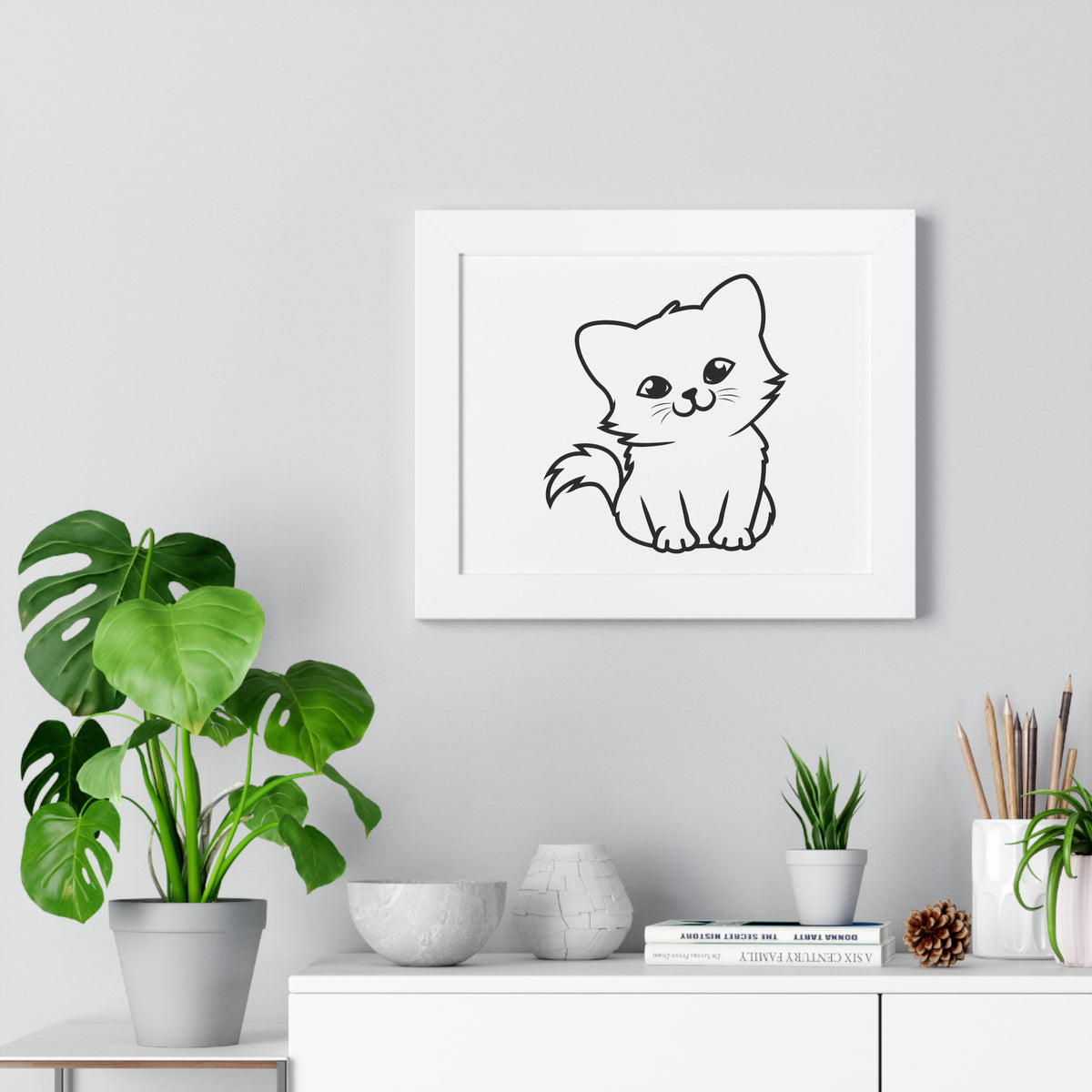 Framed Poster — Cute Minimalist Kitten Line Art (Horizontal)