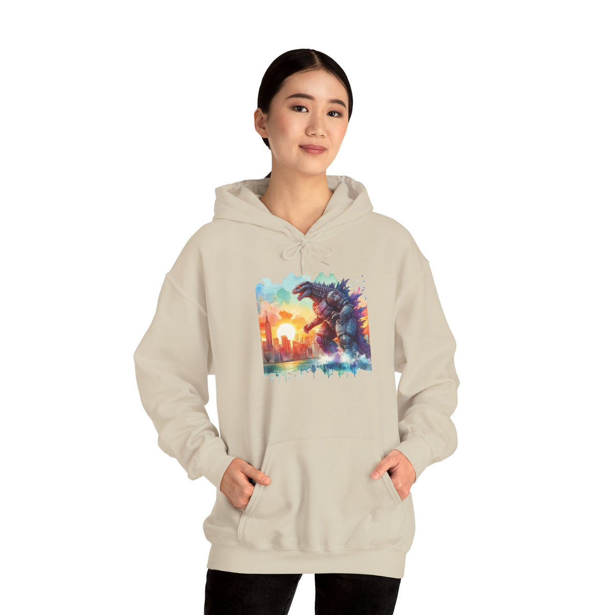 Kaiju Sunset Hoodie — Colorful Godzilla Sunset Graphic Pullover
