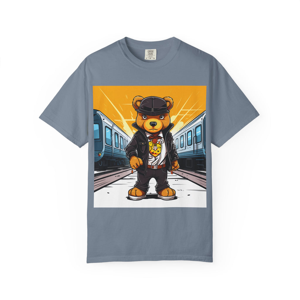 Streetwear Teddy Bear Graphic T-Shirt — Urban Train Station Design