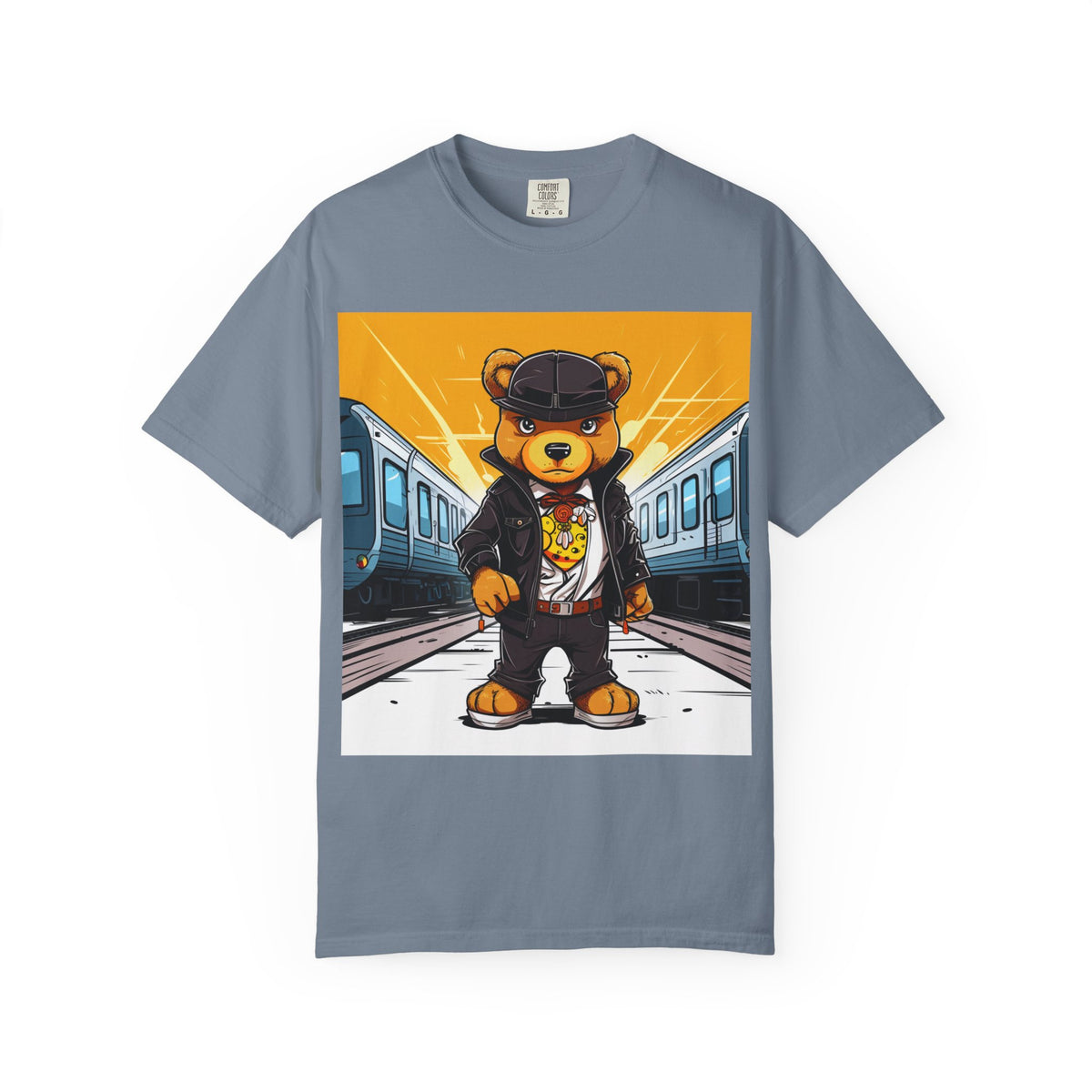 Streetwear Teddy Bear Graphic T-Shirt — Urban Train Station Design