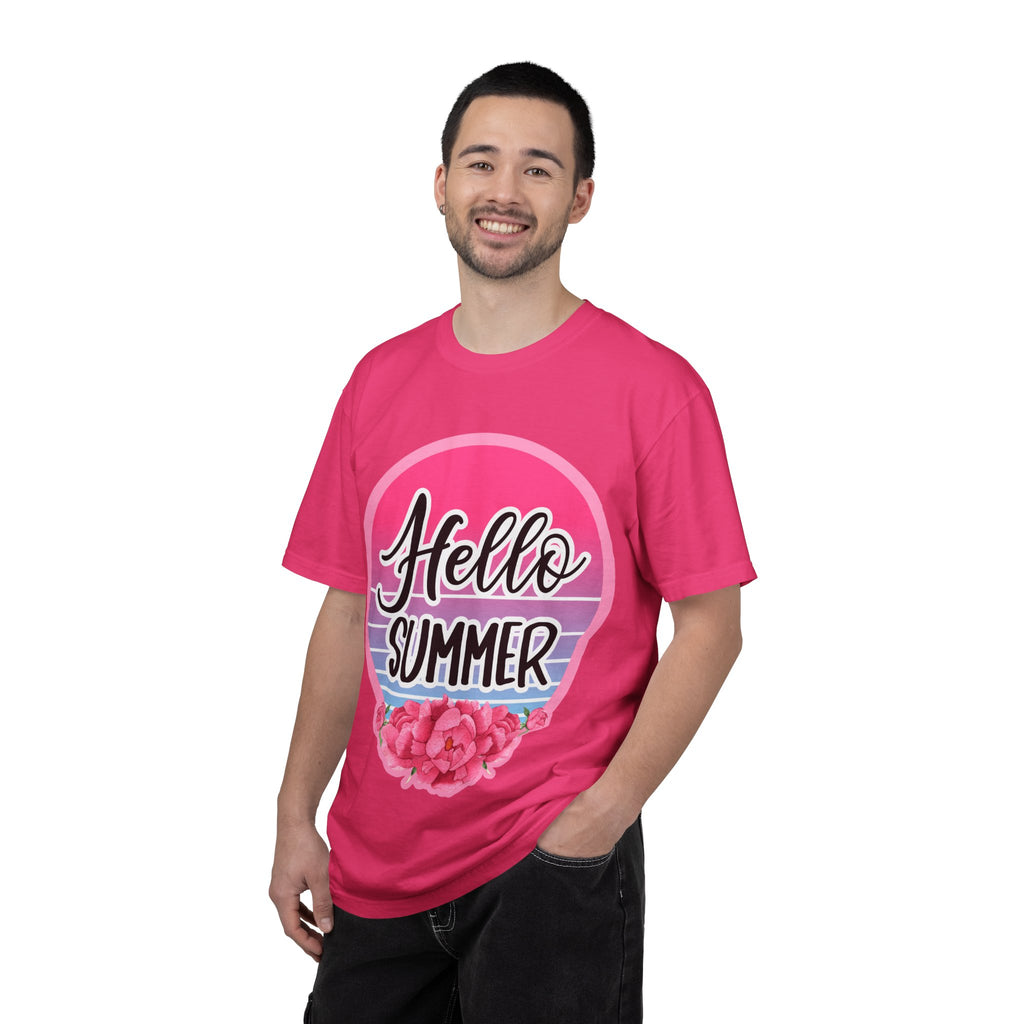 Hello Summer T-Shirt — Pink Retro Sunset Floral Tee