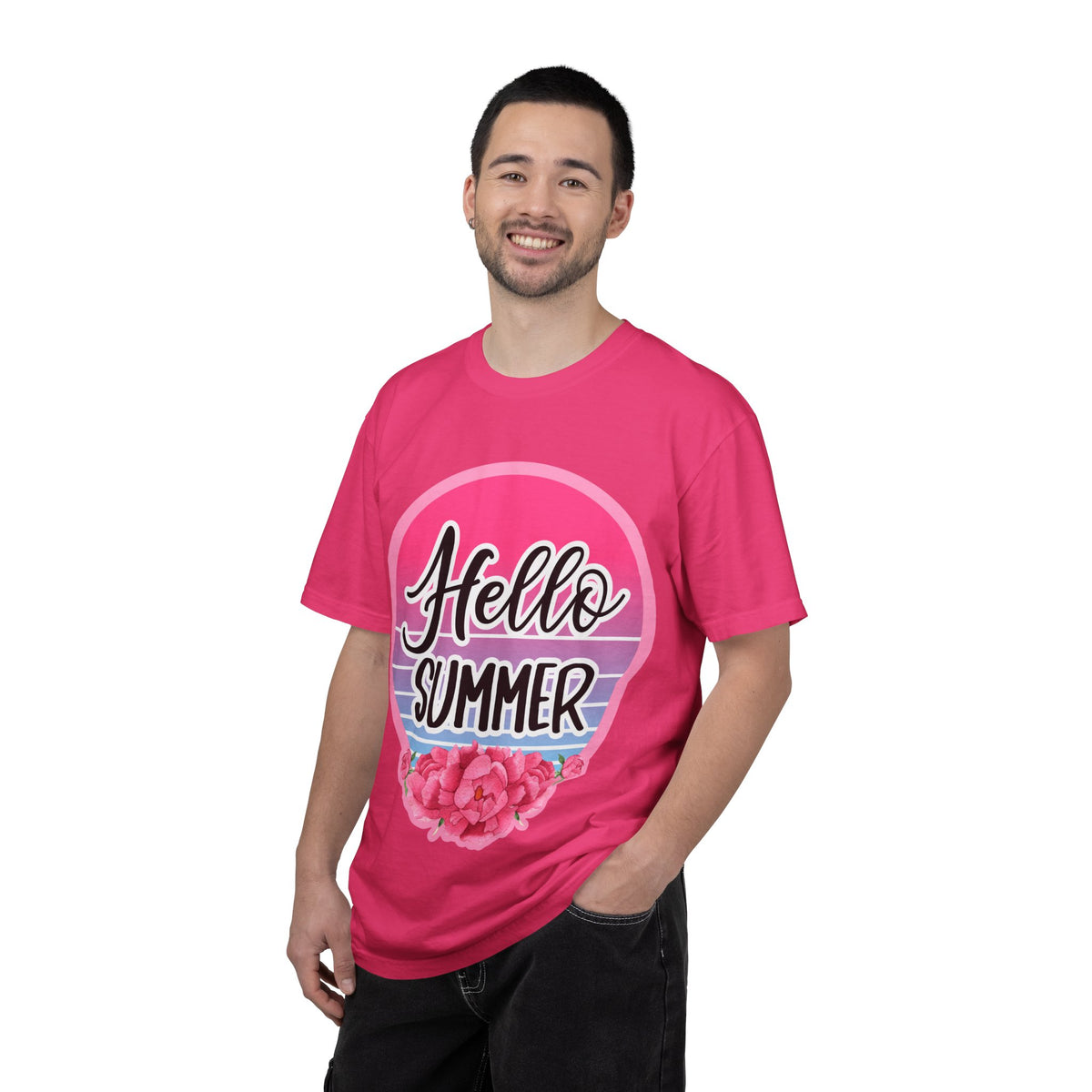Hello Summer T-Shirt — Pink Retro Sunset Floral Tee