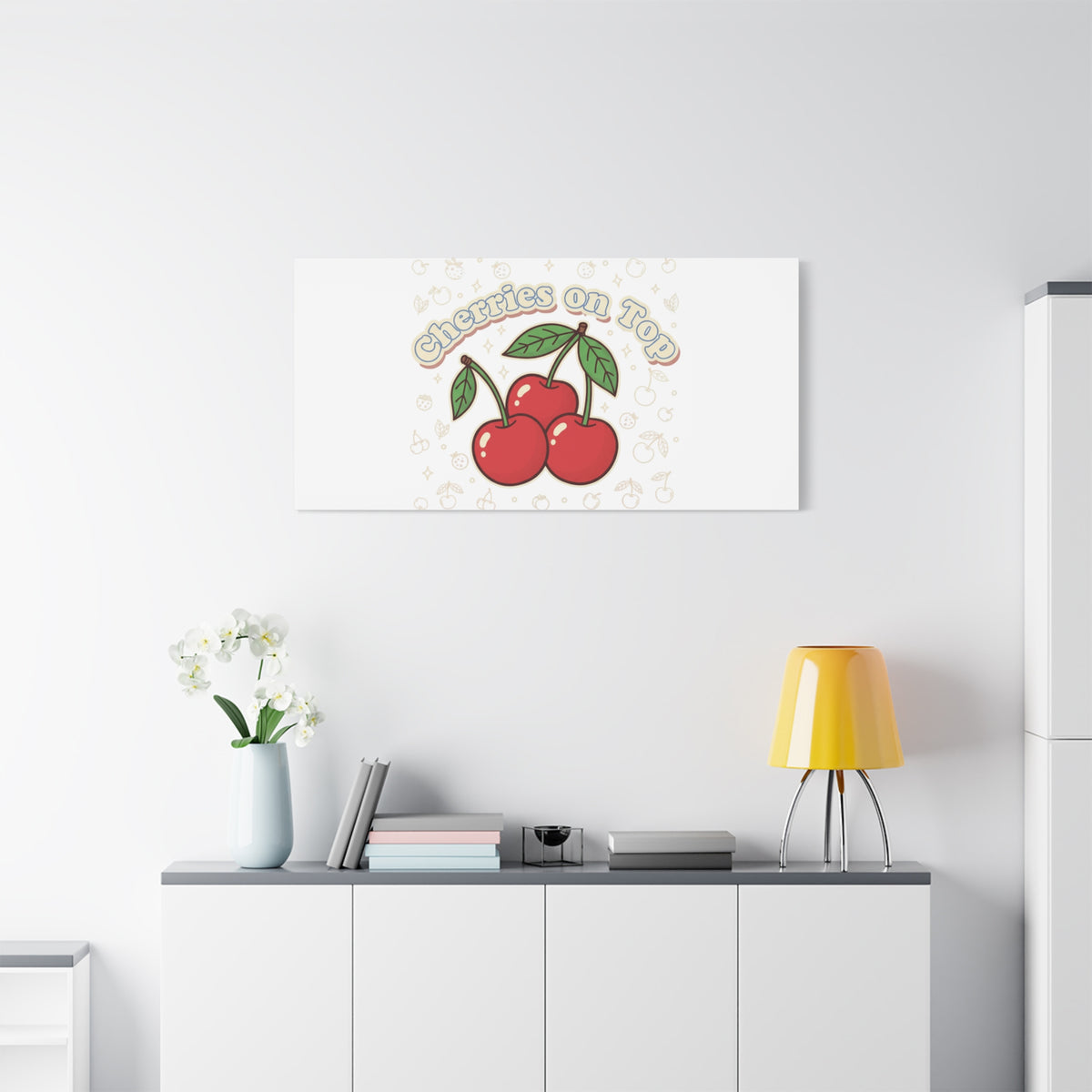 Cherries on Top Canvas | Retro Kawaii Fruit Print, Cherry Wall Art