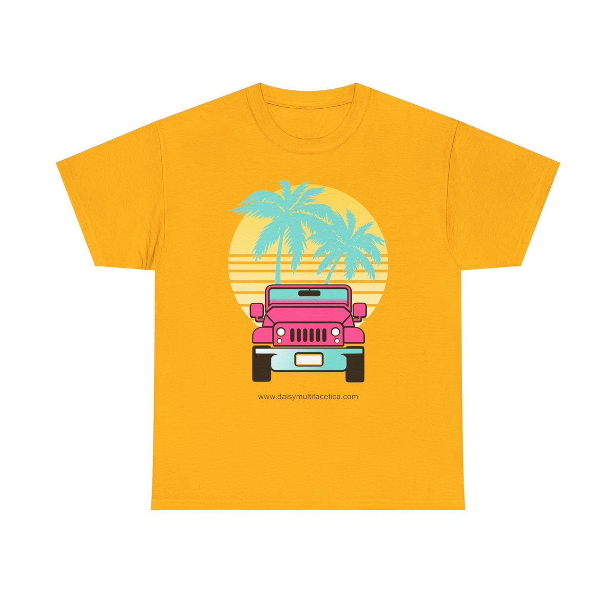 Retro Pink Jeep Tee — Tropical Palm Sunset Vintage Beach T-Shirt