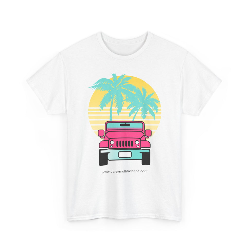 Retro Pink Jeep Tee — Tropical Palm Sunset Vintage Beach T-Shirt