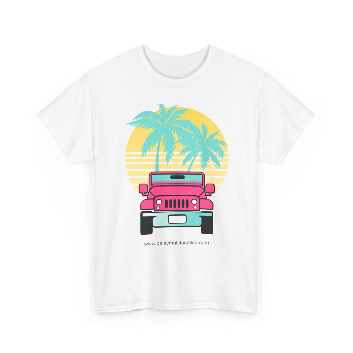 Retro Pink Jeep Tee — Tropical Palm Sunset Vintage Beach T-Shirt