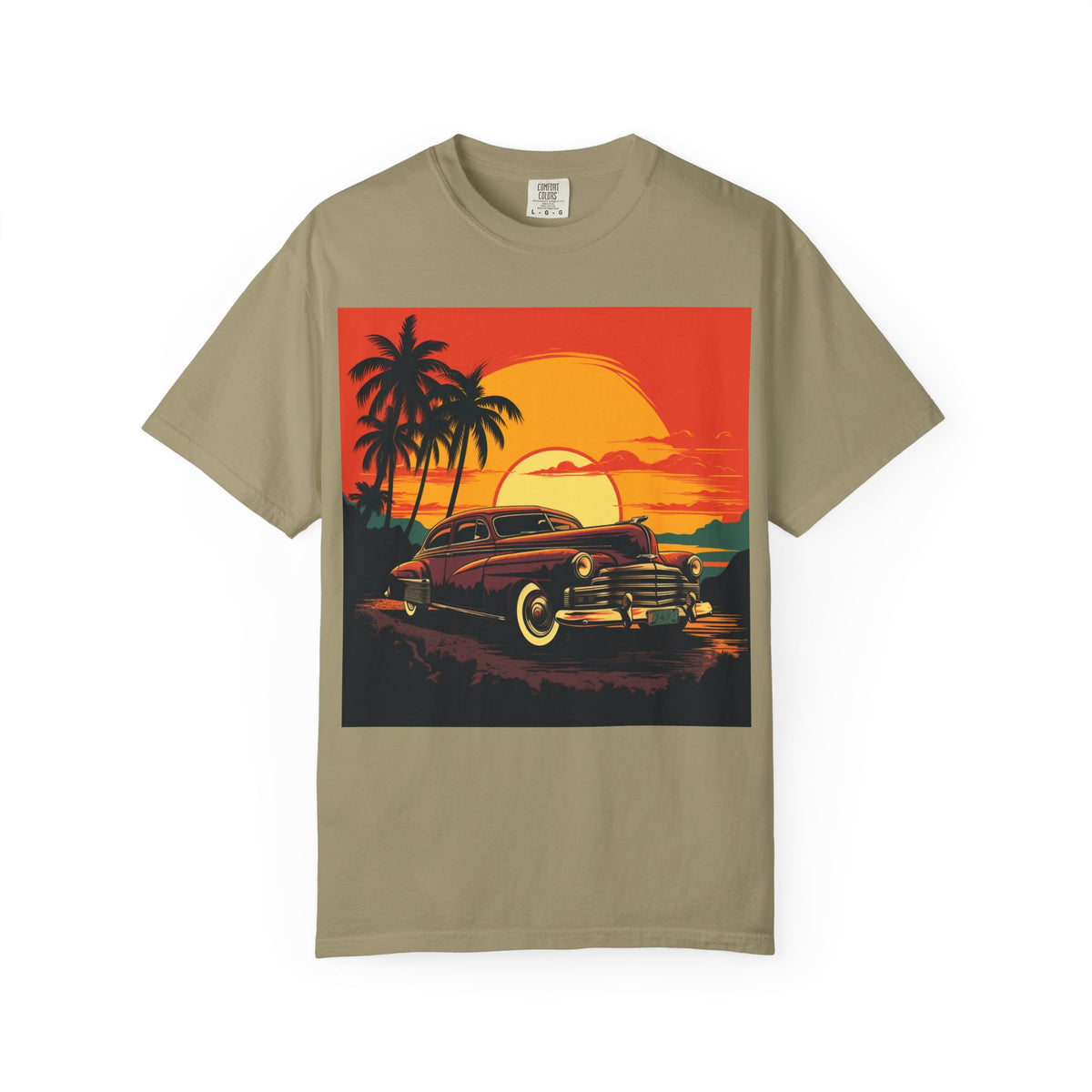 Vintage Sunset Car T‑Shirt — Retro Palm Beach Cruiser Tee