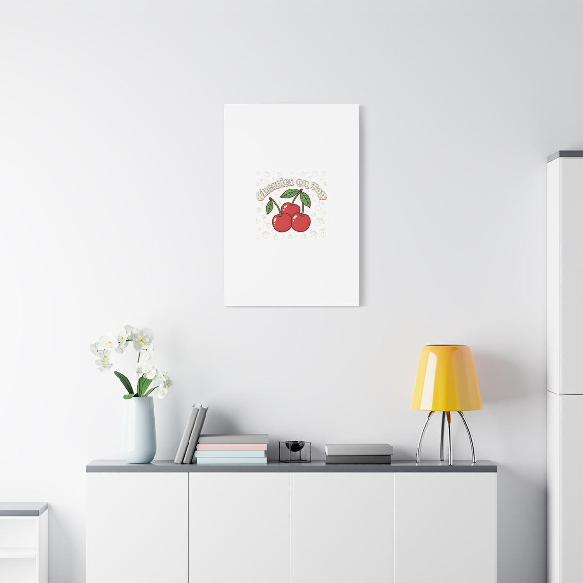 Cherries on Top Canvas | Retro Kawaii Fruit Print, Cherry Wall Art
