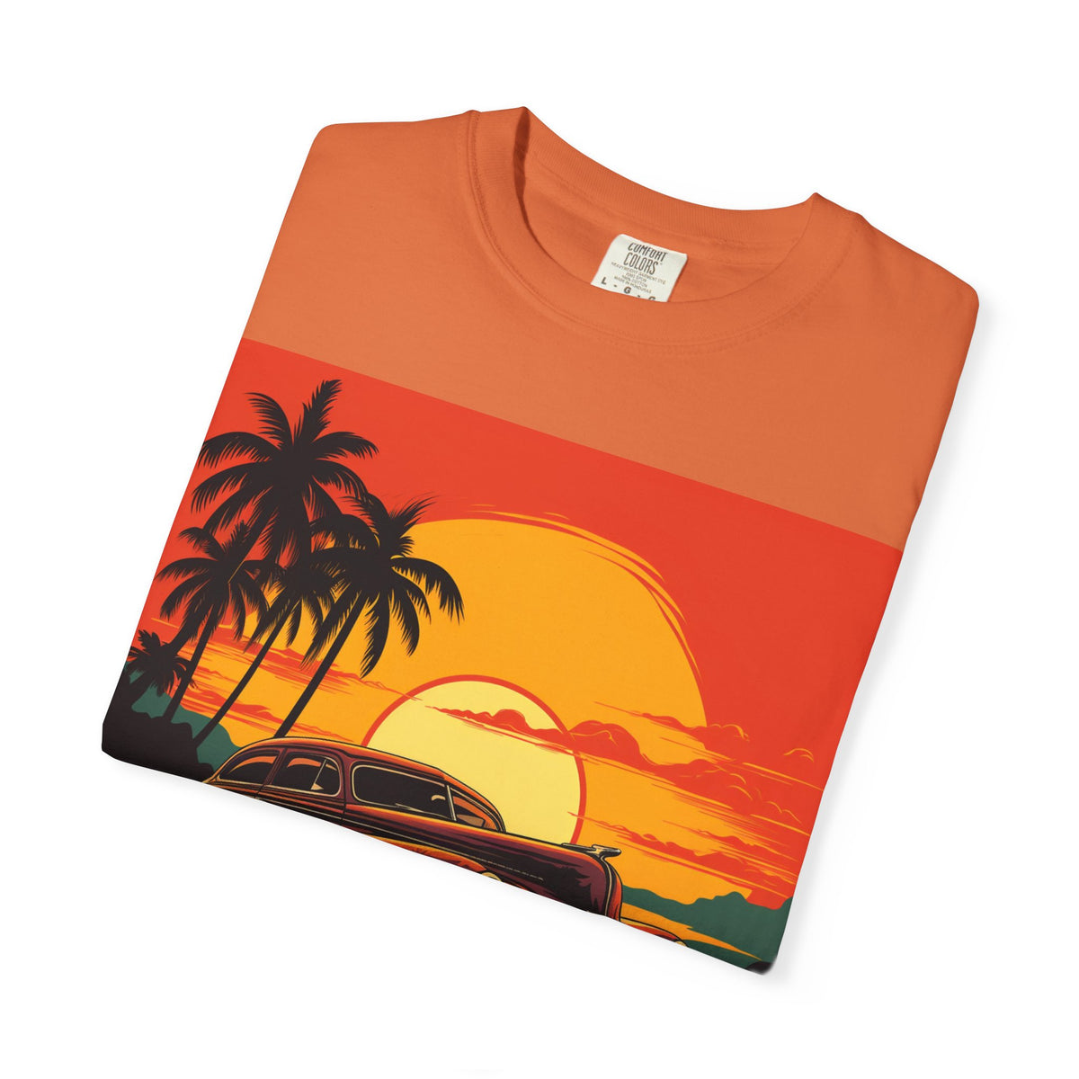 Vintage Sunset Car T‑Shirt — Retro Palm Beach Cruiser Tee