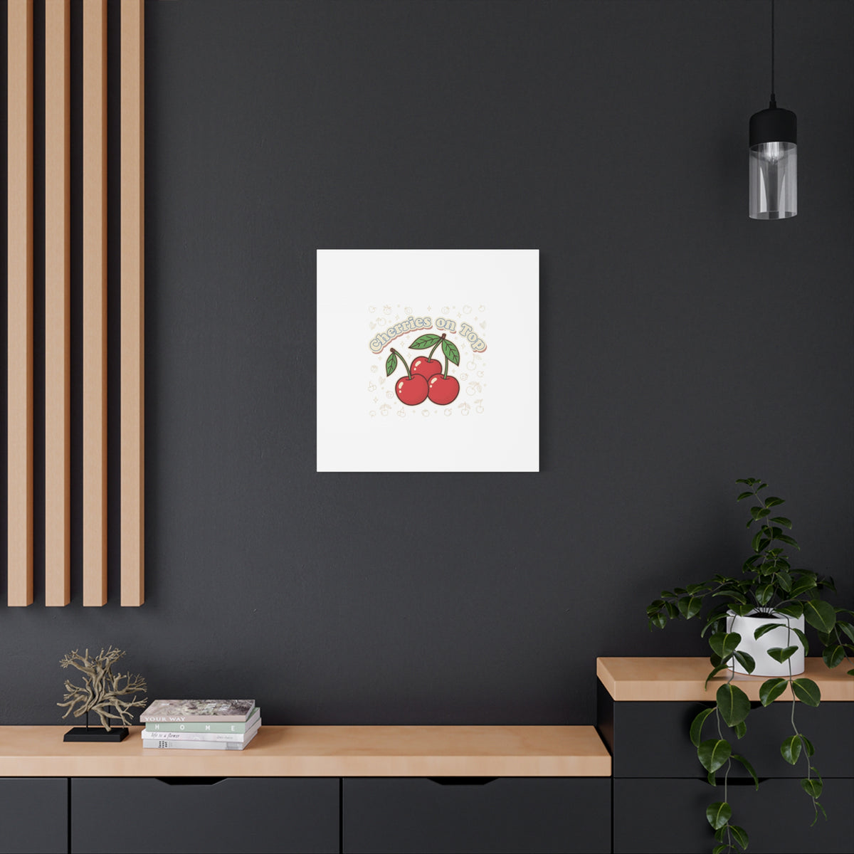 Cherries on Top Canvas | Retro Kawaii Fruit Print, Cherry Wall Art