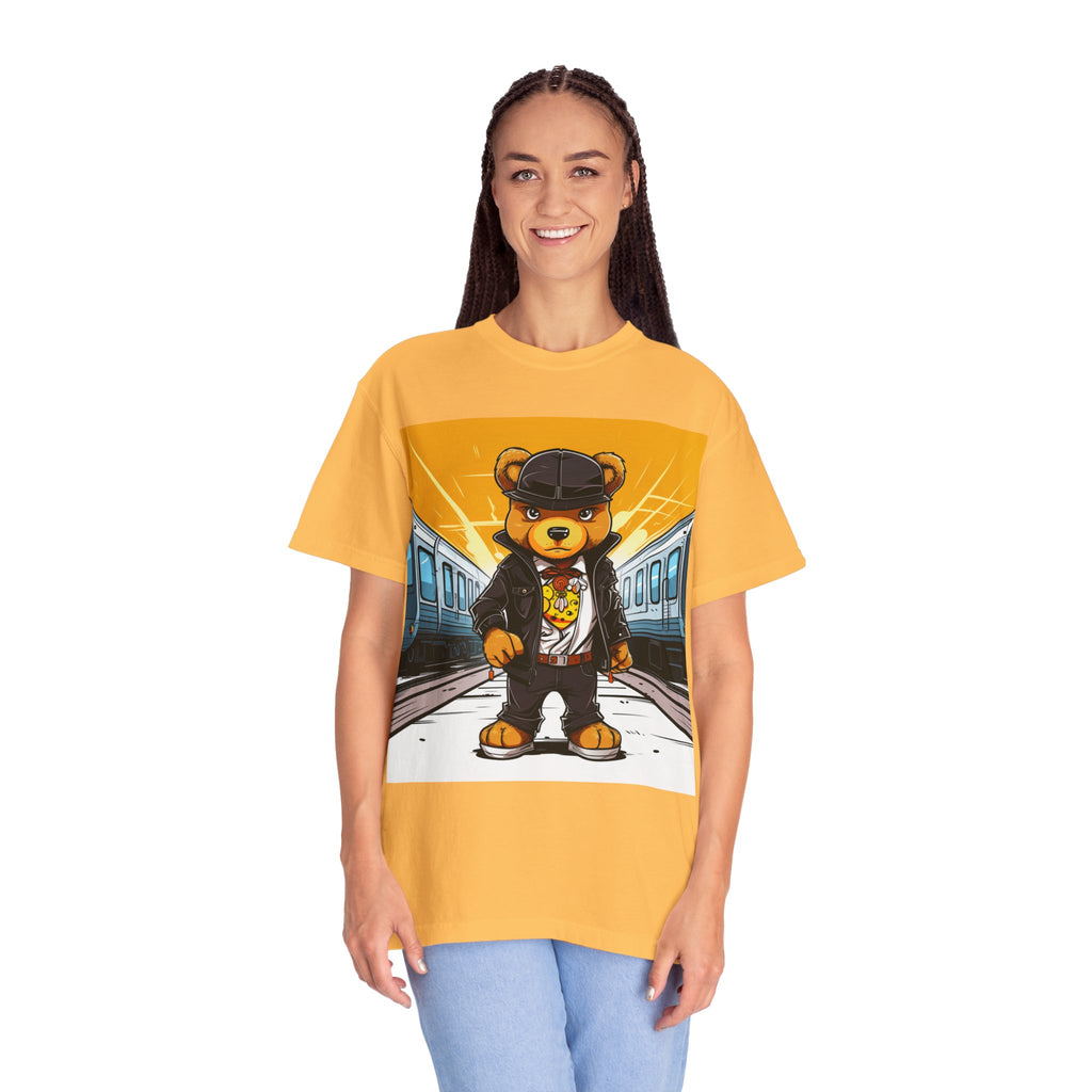 Streetwear Teddy Bear Graphic T-Shirt — Urban Train Station Design