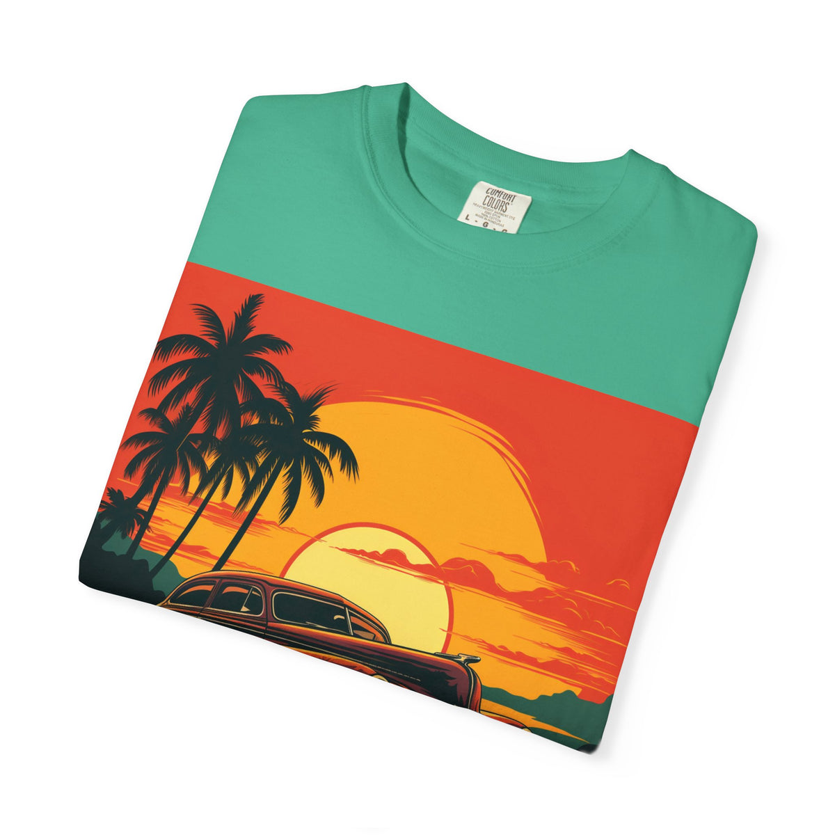 Vintage Sunset Car T‑Shirt — Retro Palm Beach Cruiser Tee