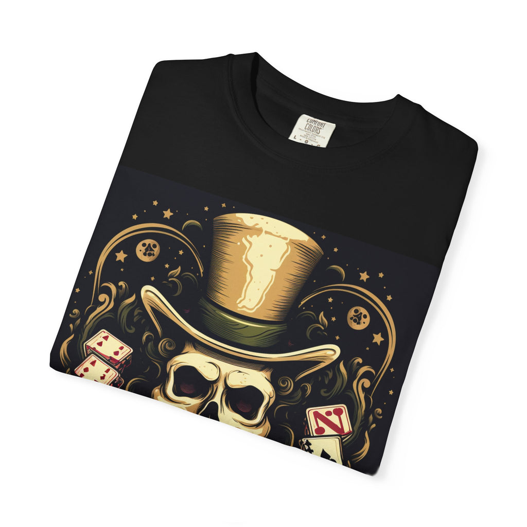 Skull Gambler T-Shirt — Vintage Top Hat Skull with Dice & Cards Graphic
