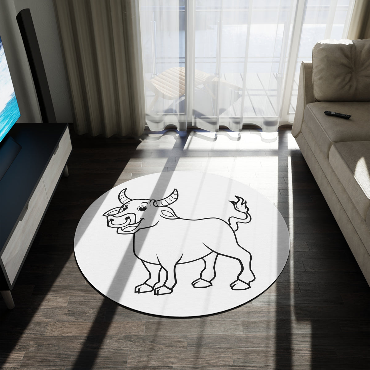 Round Rug — Cute Cartoon Bull Area Rug (Zodiac/Taurus Decor)