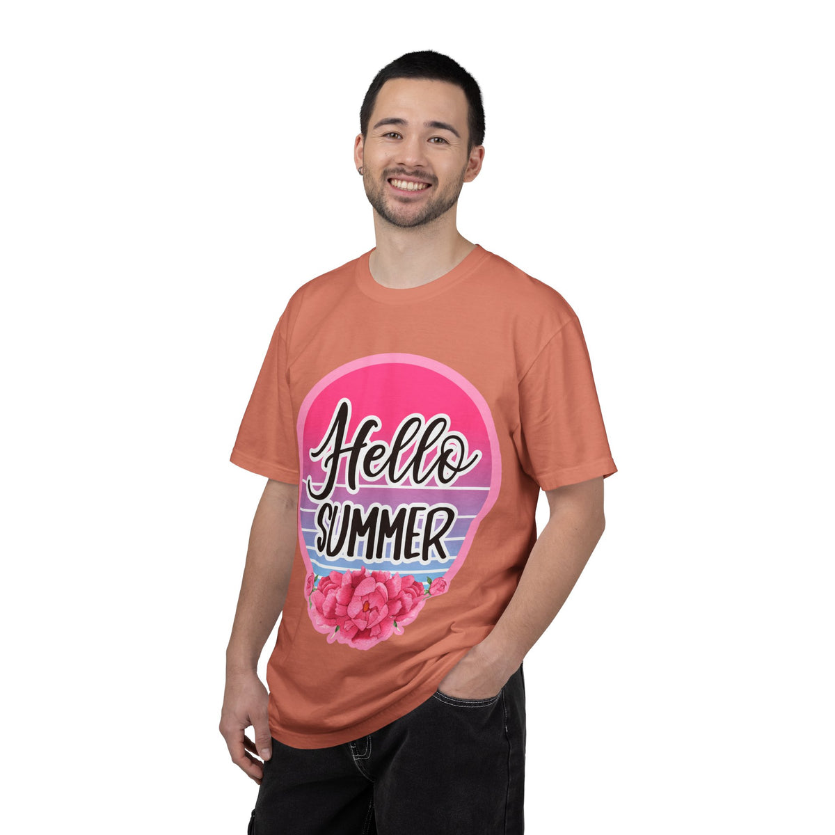 Hello Summer T-Shirt — Pink Retro Sunset Floral Tee