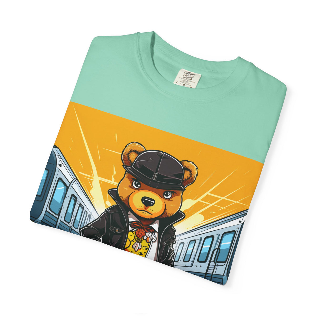 Streetwear Teddy Bear Graphic T-Shirt — Urban Train Station Design