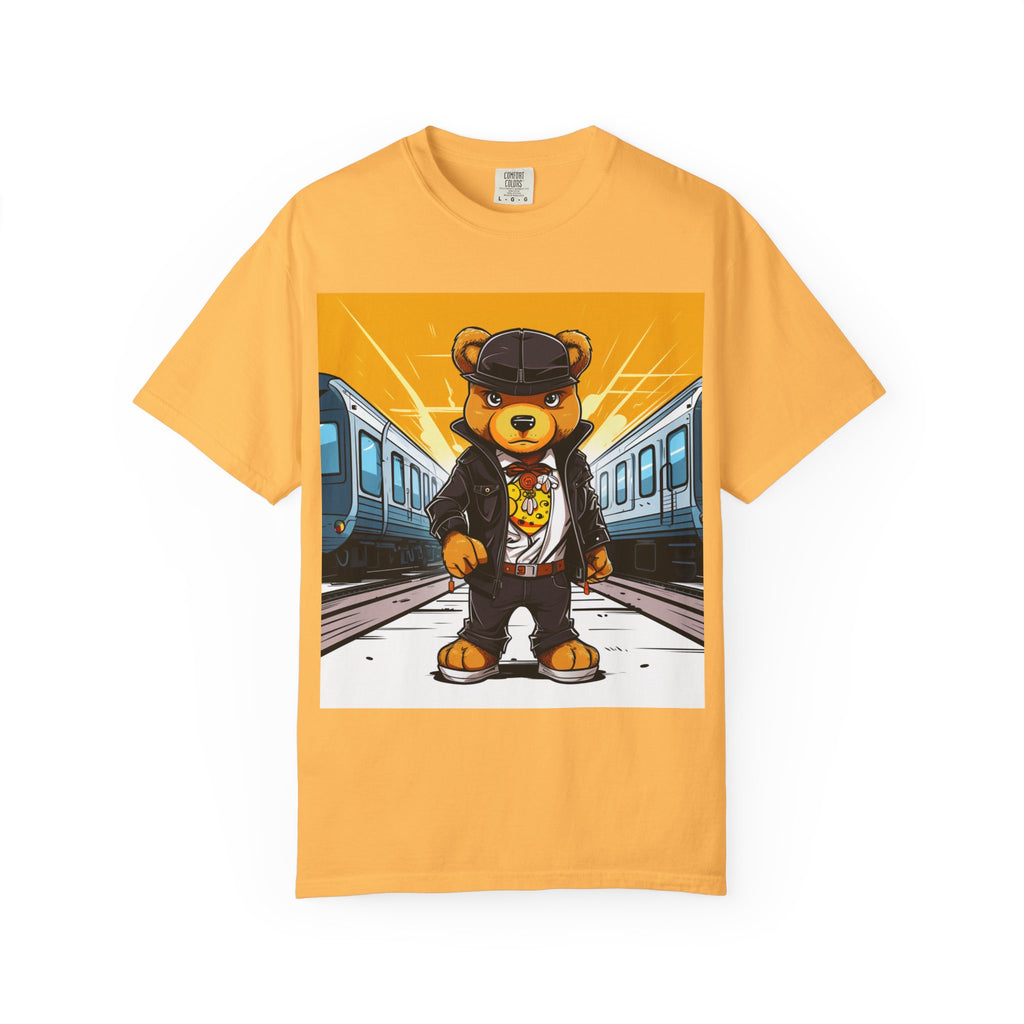 Streetwear Teddy Bear Graphic T-Shirt — Urban Train Station Design