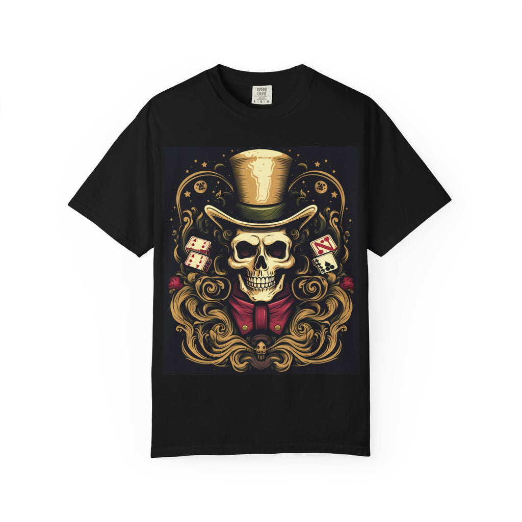 Skull Gambler T-Shirt — Vintage Top Hat Skull with Dice & Cards Graphic